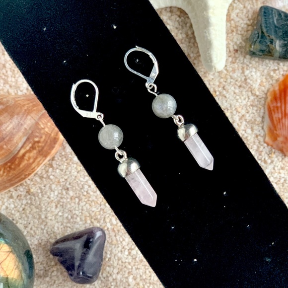 Genuine Labradorite & Rose Quartz Crystal Earrings in Sterling Silver - Picture 2 of 4
